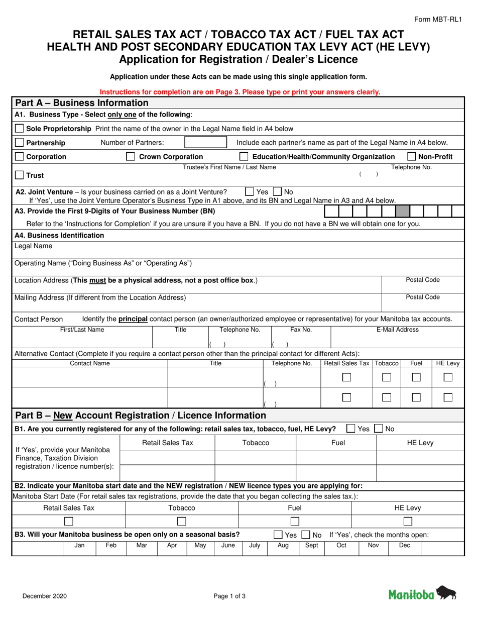 Form MBTRL1 Download Fillable PDF or Fill Online Application for