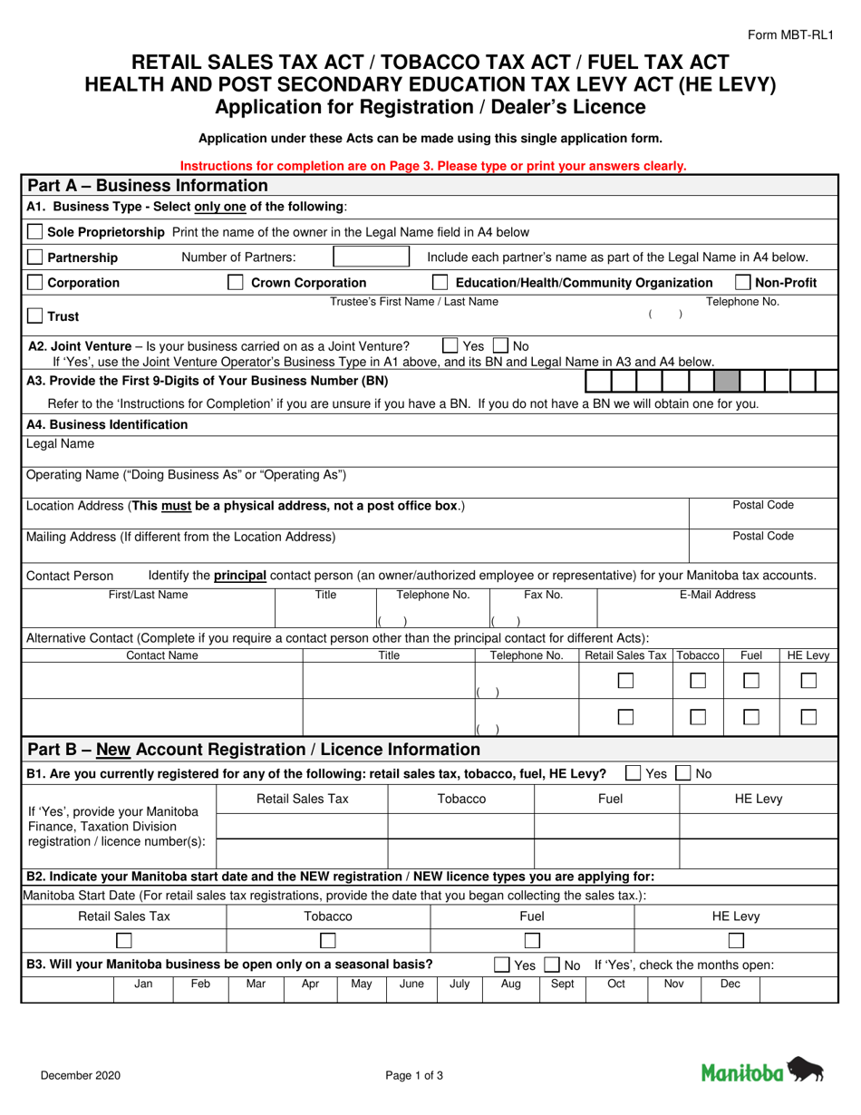 Form MBT-RL1 Application for Registration / Dealers Licence - Retail Sales Tax Act / Tobacco Tax Act / Fuel Tax / Act Health and Post Secondary Education Tax Levy Act (He Levy) - Manitoba, Canada, Page 1