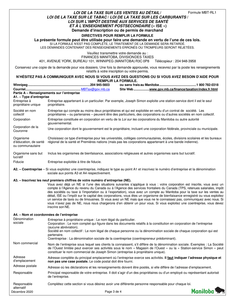 Forme MBT-RL1 Demande Dinscription Ou De Permis De Marchand - Loi De La Taxe Sur Les Ventes Au Detail / Loi De La Taxe Sur Le Tabac / Loi De La Taxe Sur Les Carburants / Loi Sur Limpot Destine Aux Services De Sante Et a Lenseignement Postsecondaire (ise) - Manitoba, Canada (French), Page 3