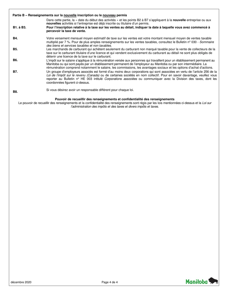 Forme MBT-RL1 Demande Dinscription Ou De Permis De Marchand - Loi De La Taxe Sur Les Ventes Au Detail / Loi De La Taxe Sur Le Tabac / Loi De La Taxe Sur Les Carburants / Loi Sur Limpot Destine Aux Services De Sante Et a Lenseignement Postsecondaire (ise) - Manitoba, Canada (French), Page 4
