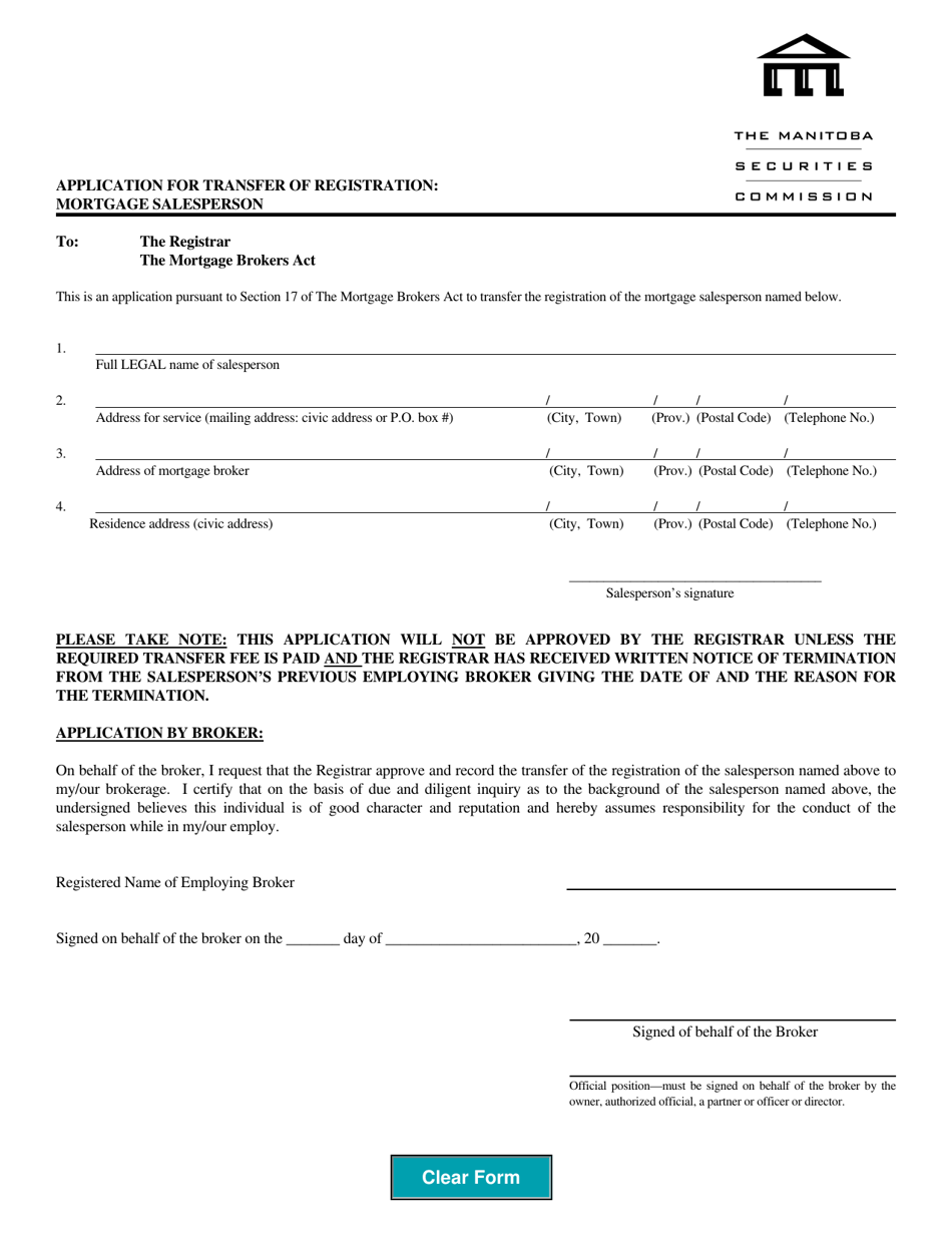 Manitoba Canada Application For Transfer Of Registration Mortgage Salesperson Fill Out Sign 6463