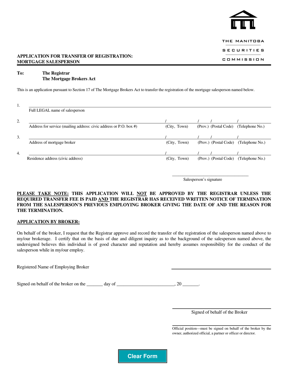 Application for Transfer of Registration: Mortgage Salesperson - Manitoba, Canada, Page 1