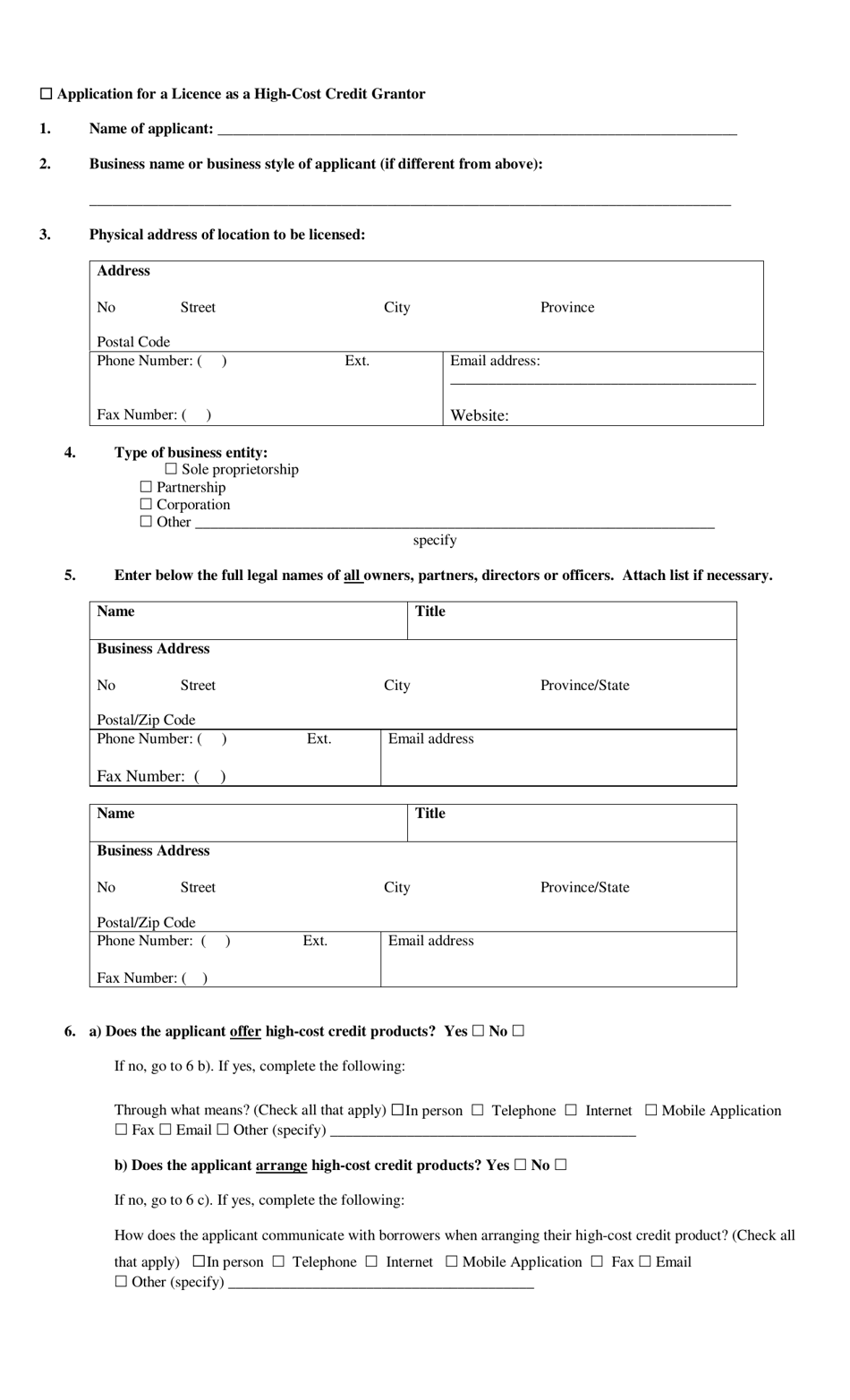 Application for a Licence as a High-Cost Credit Grantor - Manitoba, Canada, Page 1