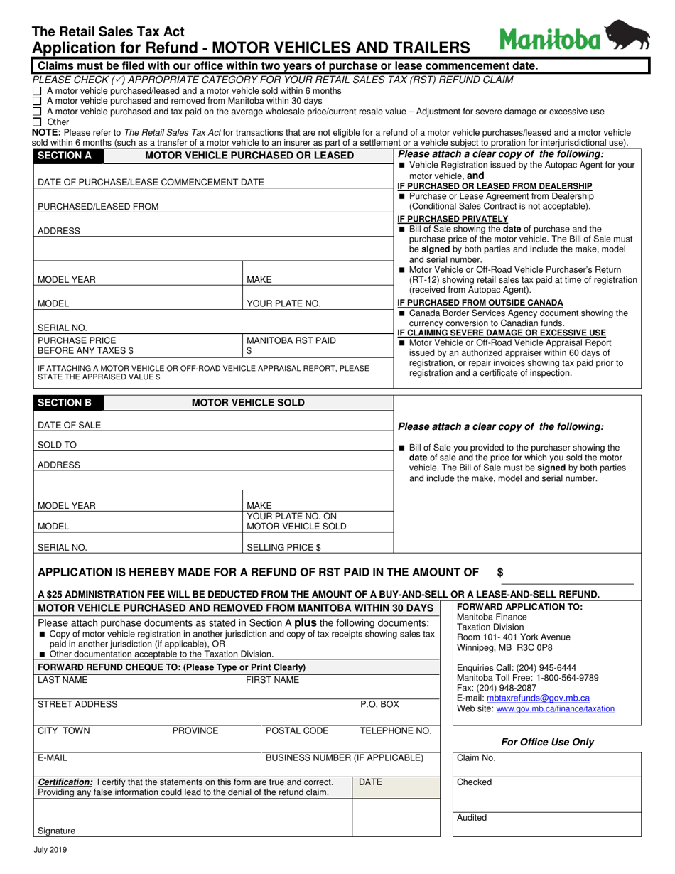 Application for Refund - Motor Vehicles and Trailers - Manitoba, Canada, Page 1