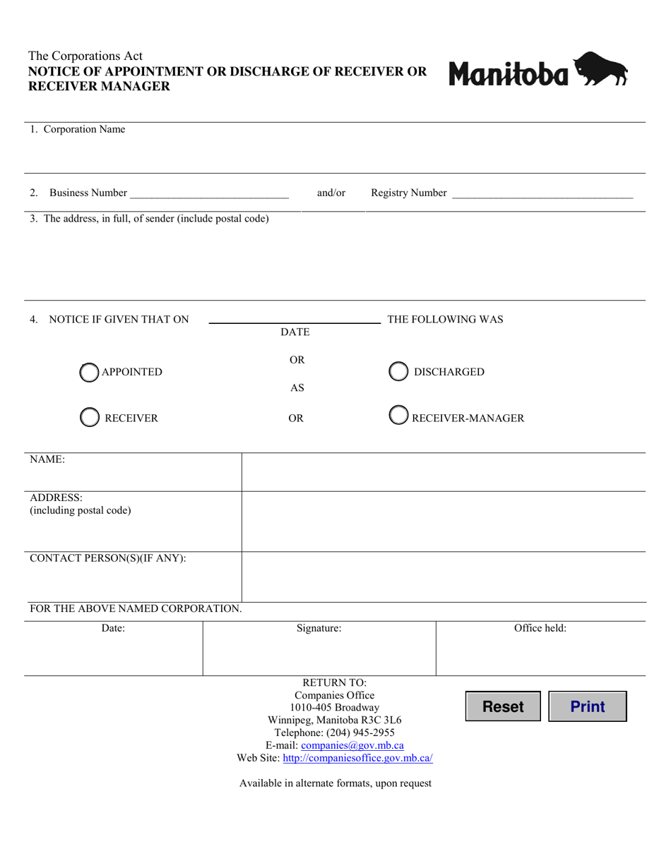 Manitoba Canada Notice of Appointment or Discharge of Receiver or
