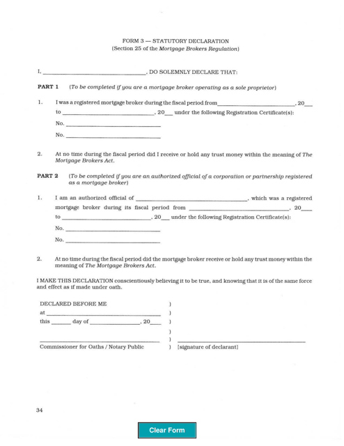Form 3 Statutory Declaration - Manitoba, Canada