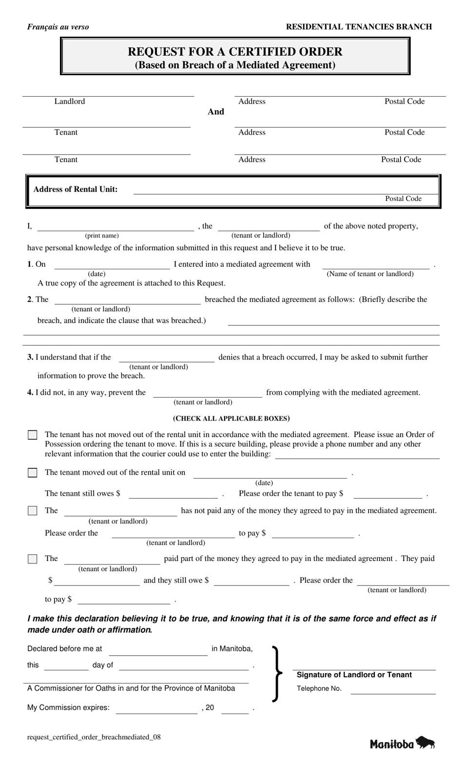 Request for a Certified Order (Based on Breach of a Mediated Agreement) - Manitoba, Canada (English / French), Page 1