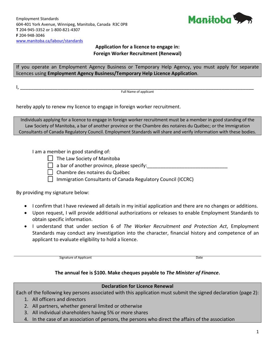 Manitoba Canada Application for a Licence to Engage in Foreign Worker