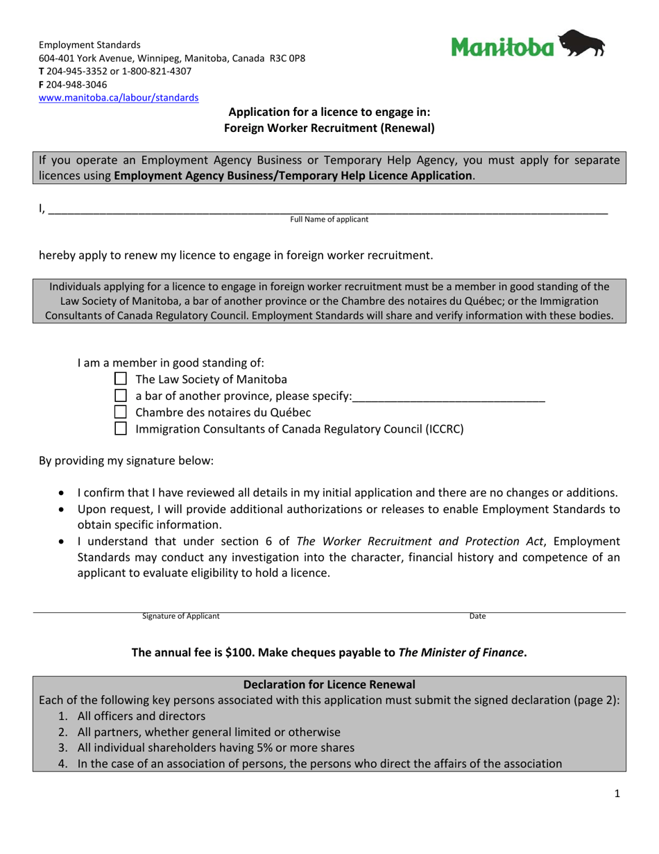 Application for a Licence to Engage in Foreign Worker Recruitment (Renewal) - Manitoba, Canada, Page 1