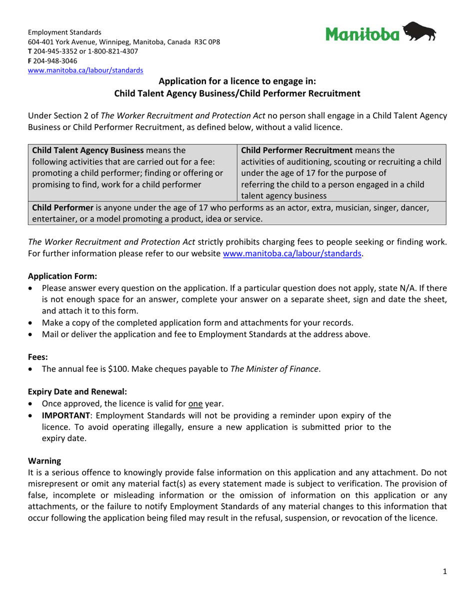 Manitoba Canada Application for a Licence to Engage in: Child Talent ...