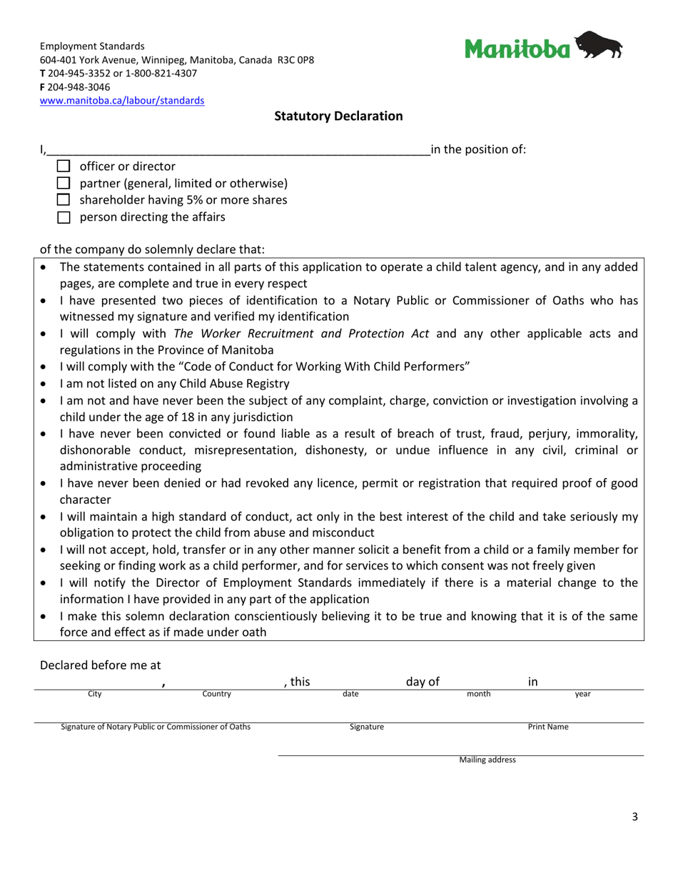 Application for a Licence to Engage in: Child Talent Agency Business / Child Performer Recruitment - Manitoba, Canada, Page 3