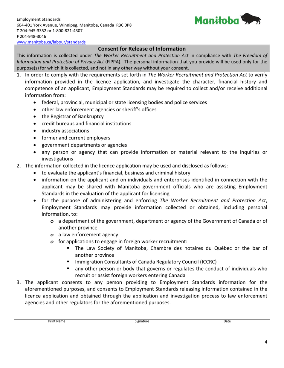 Application for a Licence to Engage in: Child Talent Agency Business / Child Performer Recruitment - Manitoba, Canada, Page 4