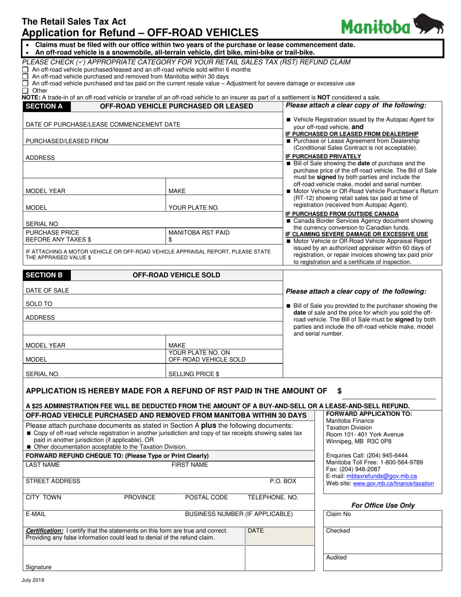 Application for Refund - off-Road Vehicles - Manitoba, Canada, Page 1