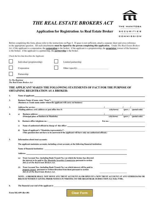 Form MG-699 Application for Registration as Real Estate Broker - Manitoba, Canada
