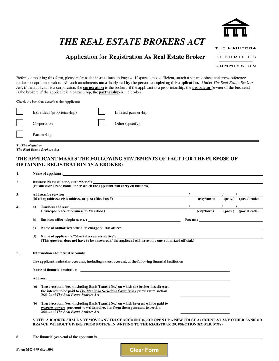 Form MG-699 Application for Registration as Real Estate Broker - Manitoba, Canada, Page 1
