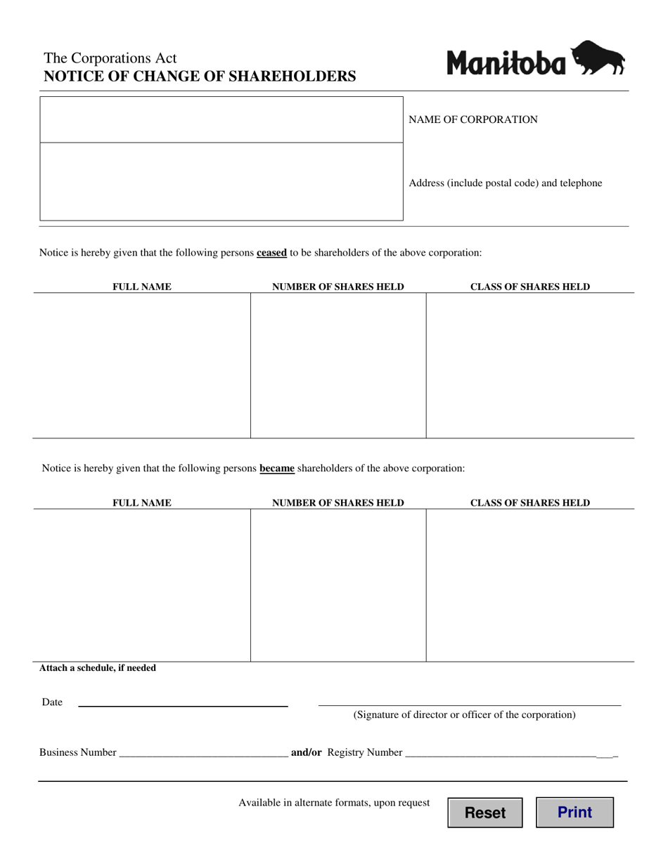 Notice of Change of Shareholders - Manitoba, Canada, Page 1