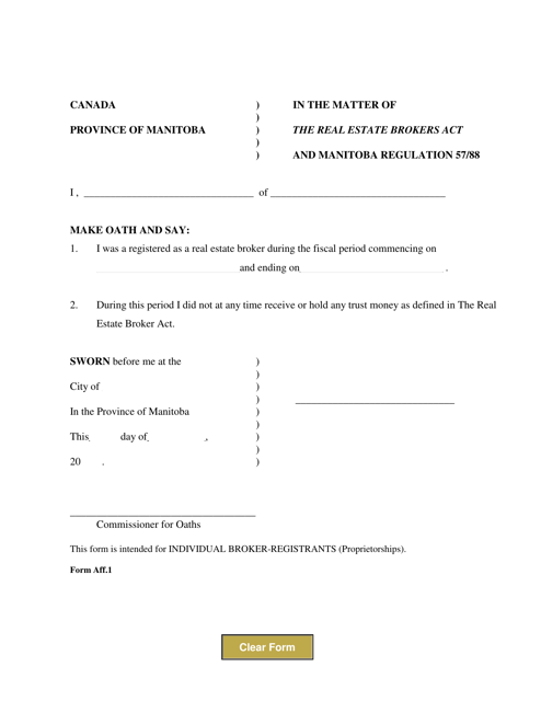 Form Aff.1 Affidavit for Individual Broker-Registrants (Proprietorships) - Manitoba, Canada