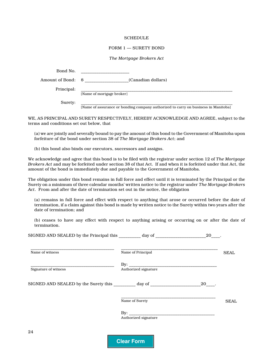 Form 1 Surety Bond - Manitoba, Canada, Page 1