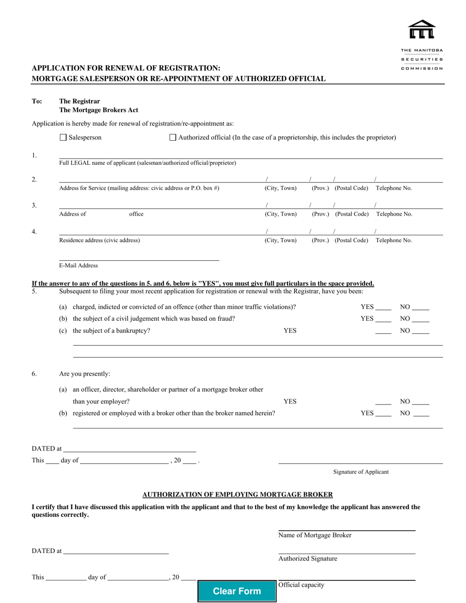 Application for Renewal of Registration - Mortgage Salesperson or Re-appointment of Authorized Official - Manitoba, Canada, Page 1