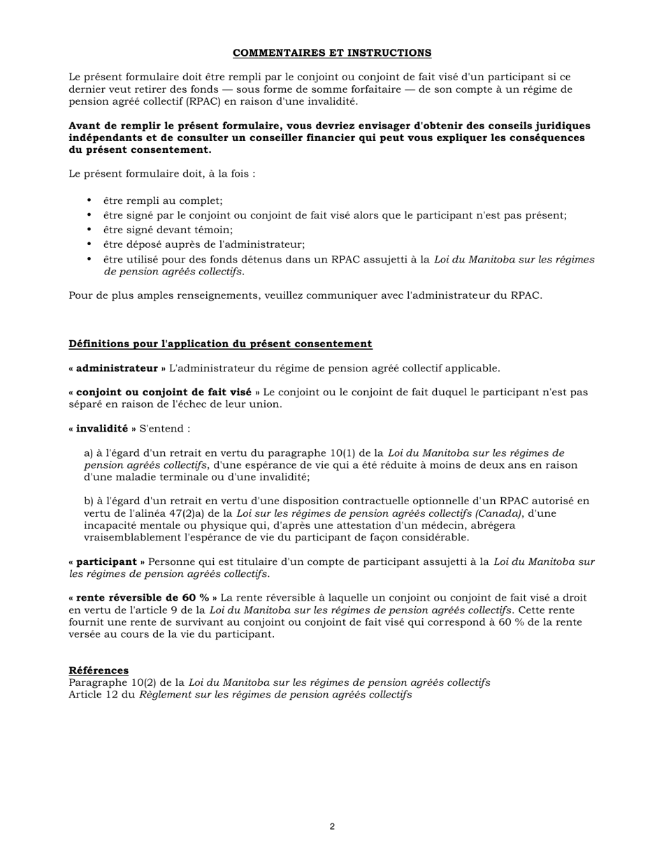 Agenda C Consentement Au Retrait Pour Cause Dinvalidite En Vertu De La Loi Du Manitoba Sur Les Regimes De Pension Agrees Collectifs - Manitoba, Canada (French), Page 2