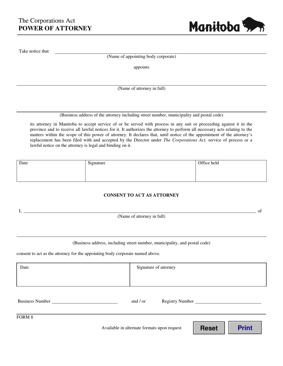 Form 8 Power of Attorney - Manitoba, Canada, Page 1