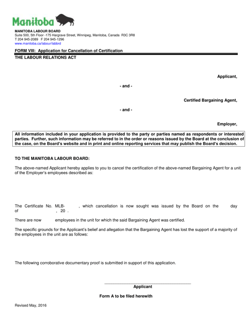 Form VIII Application for Cancellation of Certification - Manitoba, Canada