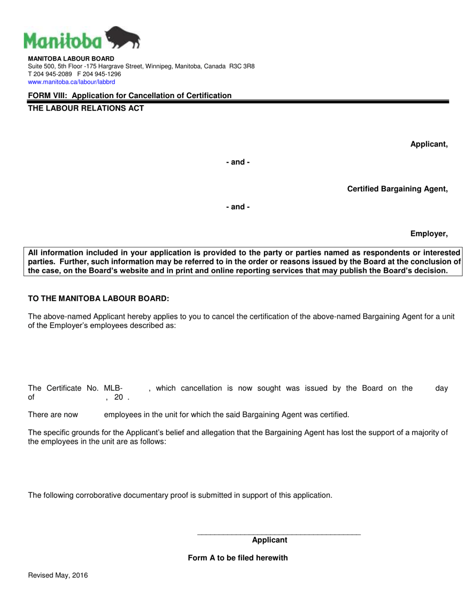 Form VIII Application for Cancellation of Certification - Manitoba, Canada, Page 1