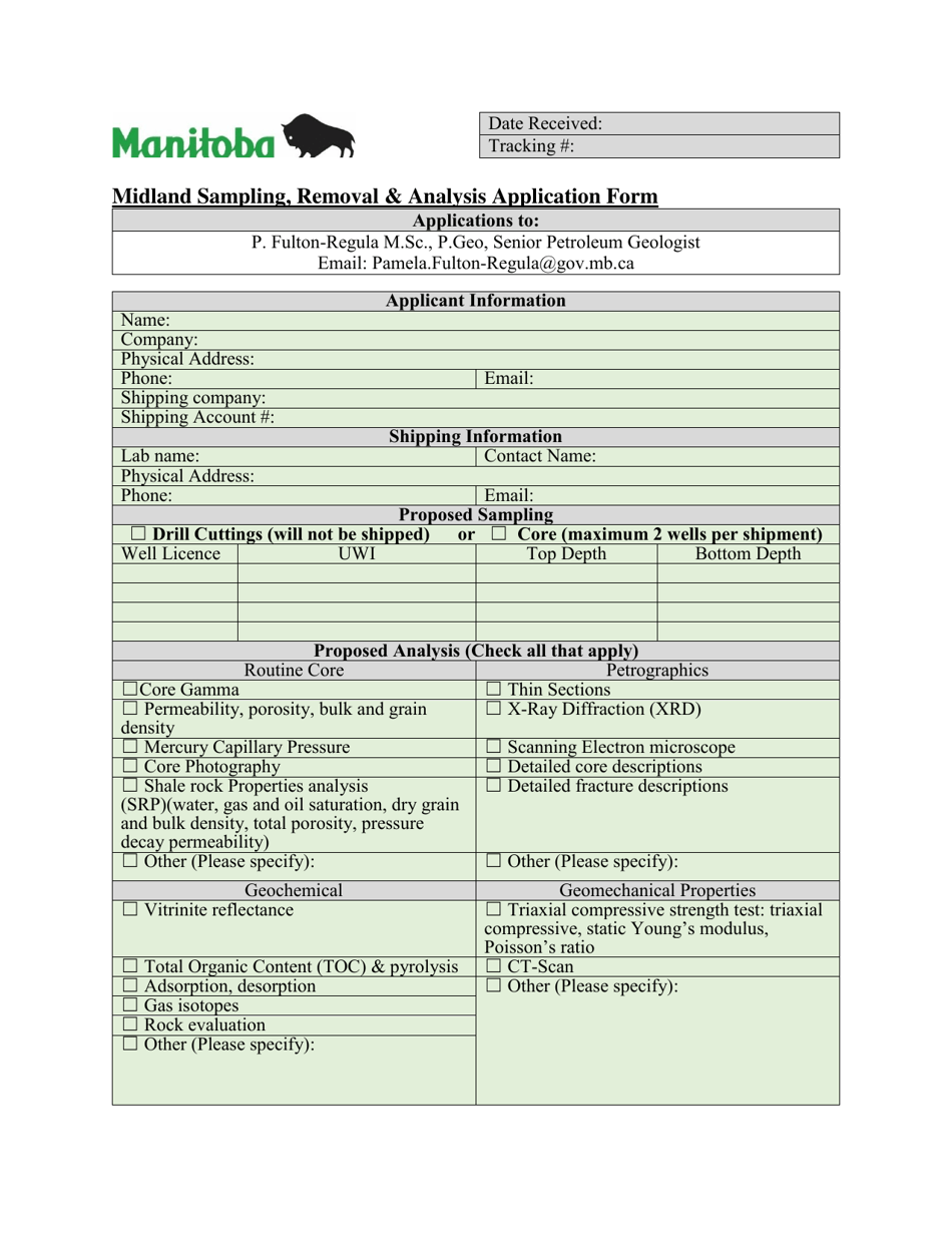 Midland Sampling, Removal  Analysis Application Form - Manitoba, Canada, Page 1
