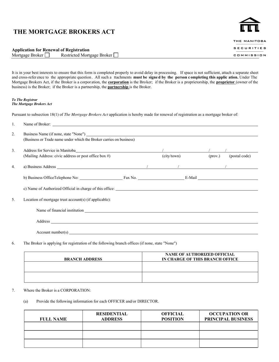 Application for Renewal of Registration as Mortgage Broker or Restricted Mortgage Broker - Manitoba, Canada, Page 1