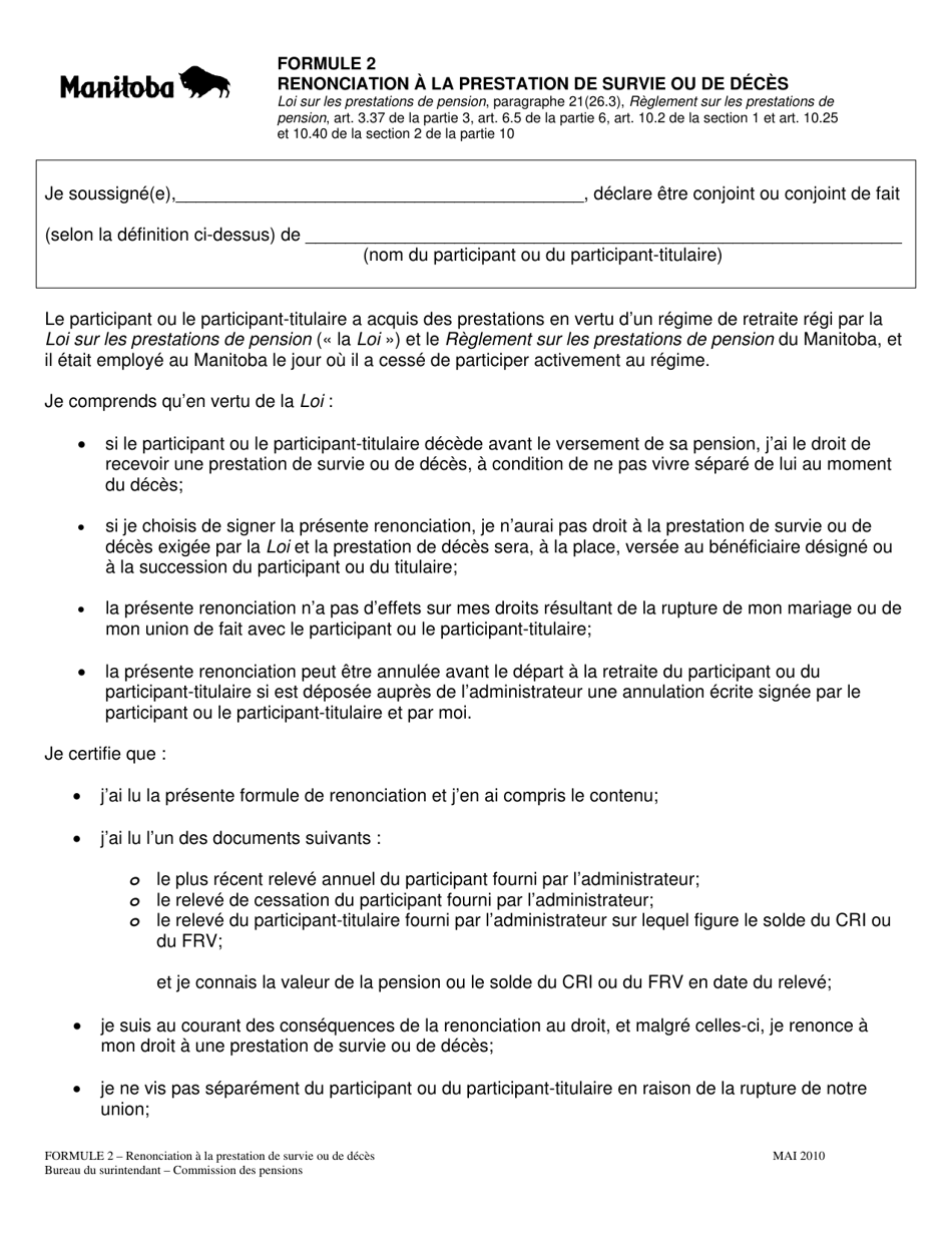 Forme 2 Renonciation a La Prestation De Survie Ou De Deces - Manitoba, Canada (French), Page 2