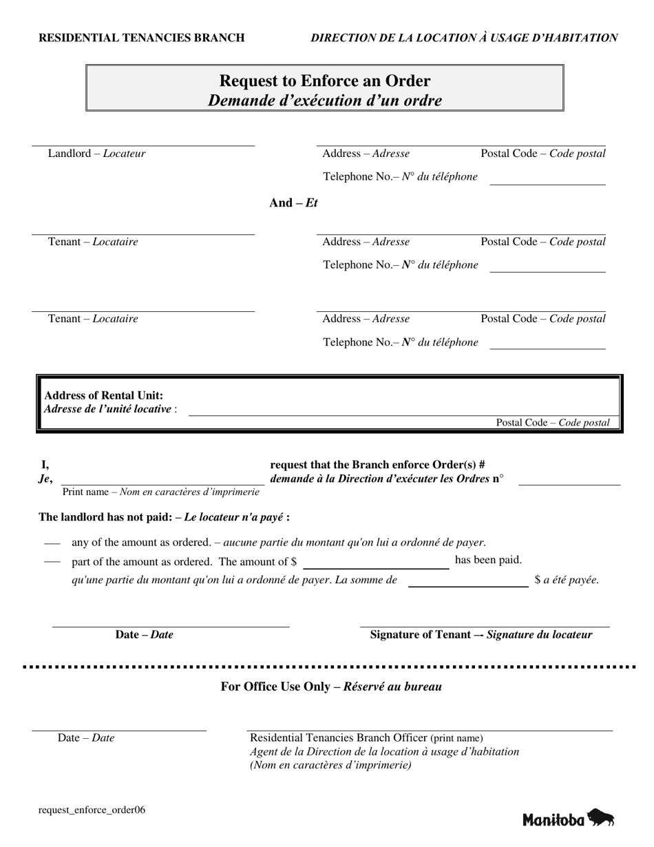 Request to Enforce an Order - Manitoba, Canada (English / French), Page 1