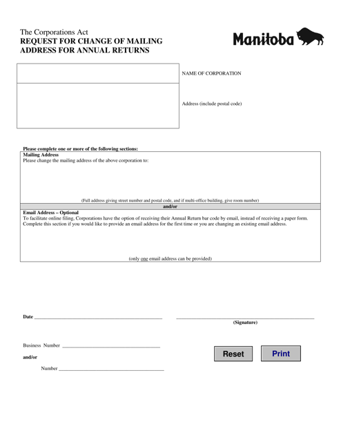 Request for Change of Mailing Address for Annual Returns - Manitoba, Canada Download Pdf