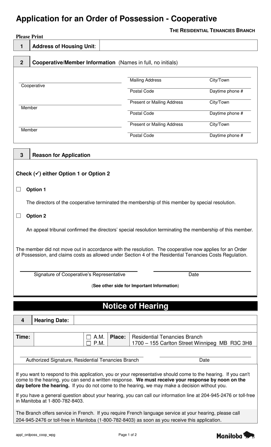 Application for an Order of Possession - Cooperative - Manitoba, Canada, Page 1