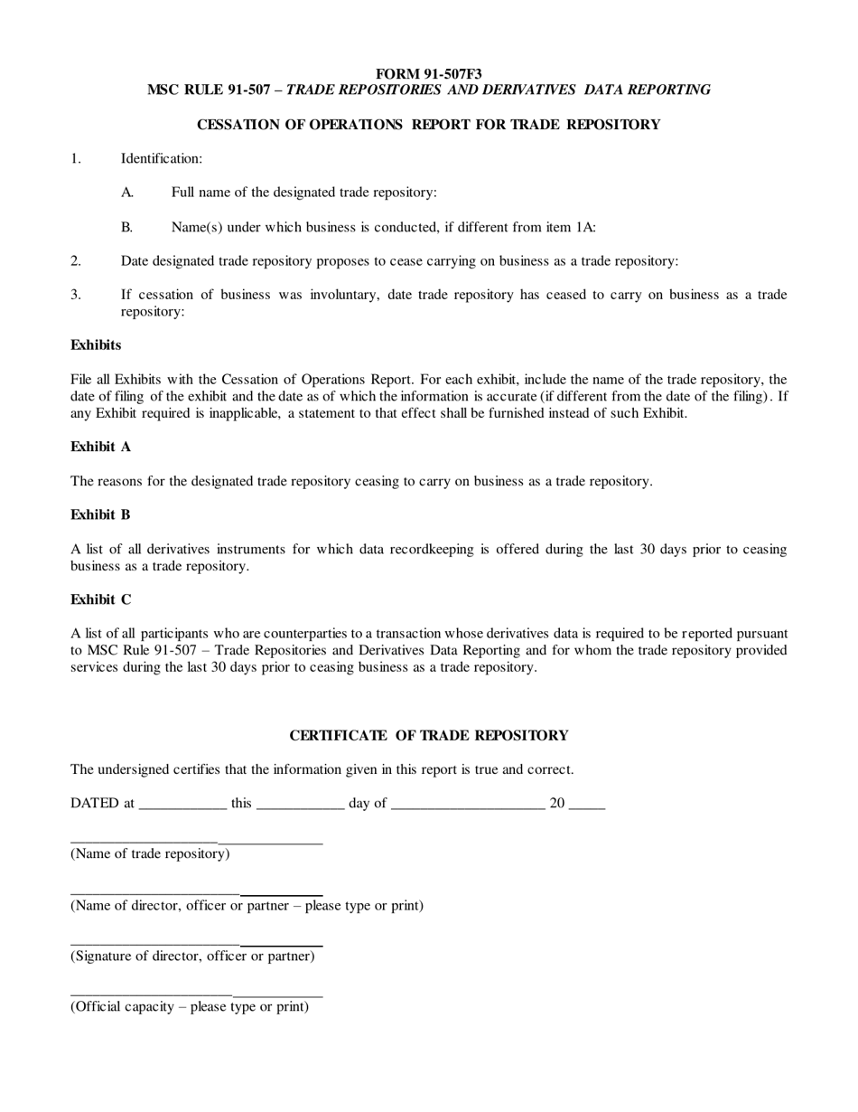 Form 91-507F3 Cessation of Operations Report for Trade Repository - Manitoba, Canada, Page 1