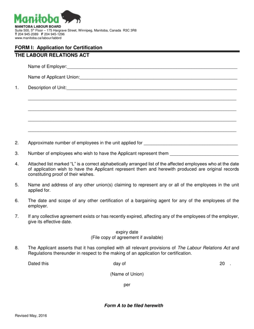 Form I Application for Certification - Manitoba, Canada