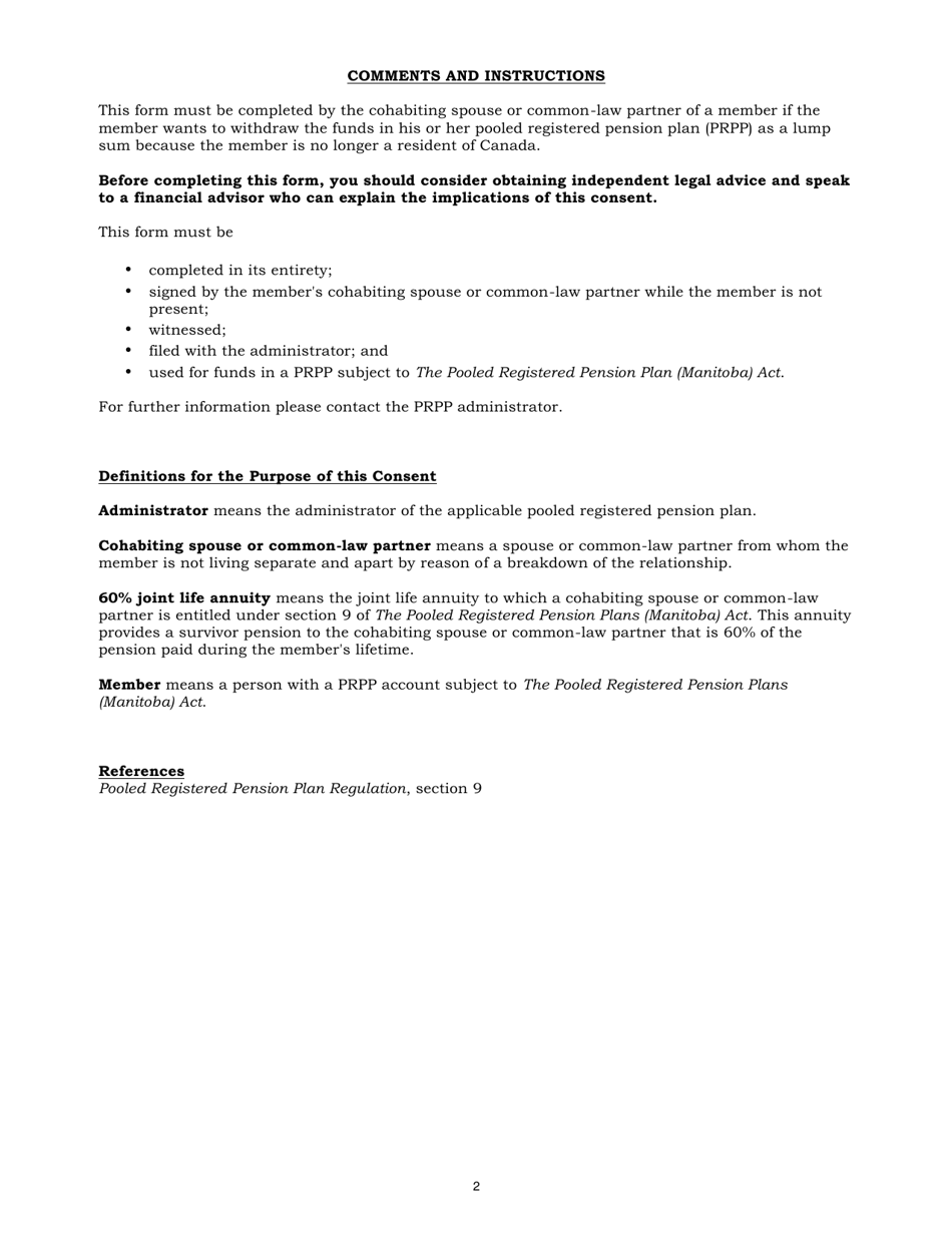 Schedule B Consent to Withdrawal by Non-resident Under the Pooled Registered Pension Plans (Manitoba) Act - Manitoba, Canada, Page 2