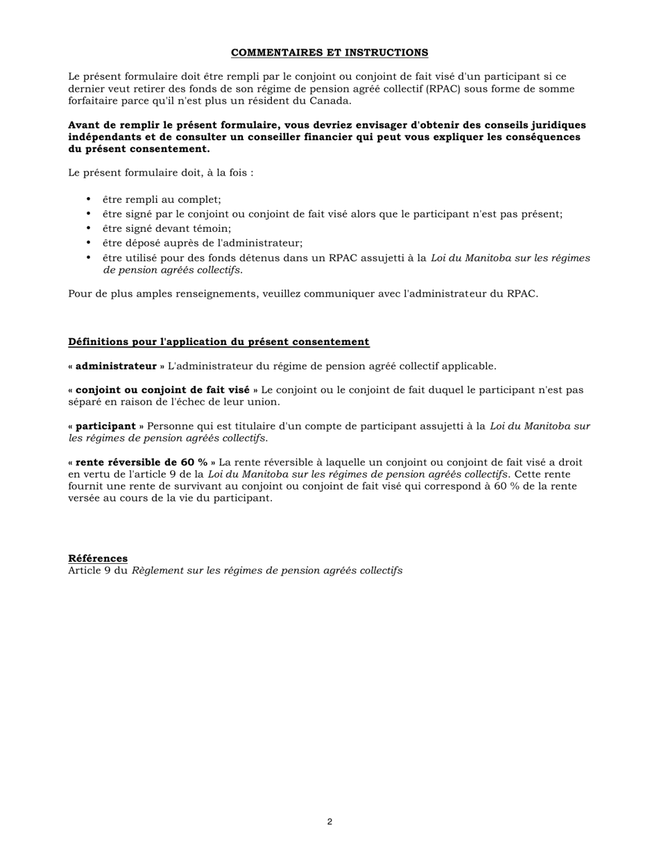 Agenda B Consentement Au Retrait Par Un Non-resident En Vertu De La Loi Du Manitoba Sur Les Regimes De Pension Agrees Collectifs - Manitoba, Canada (French), Page 2