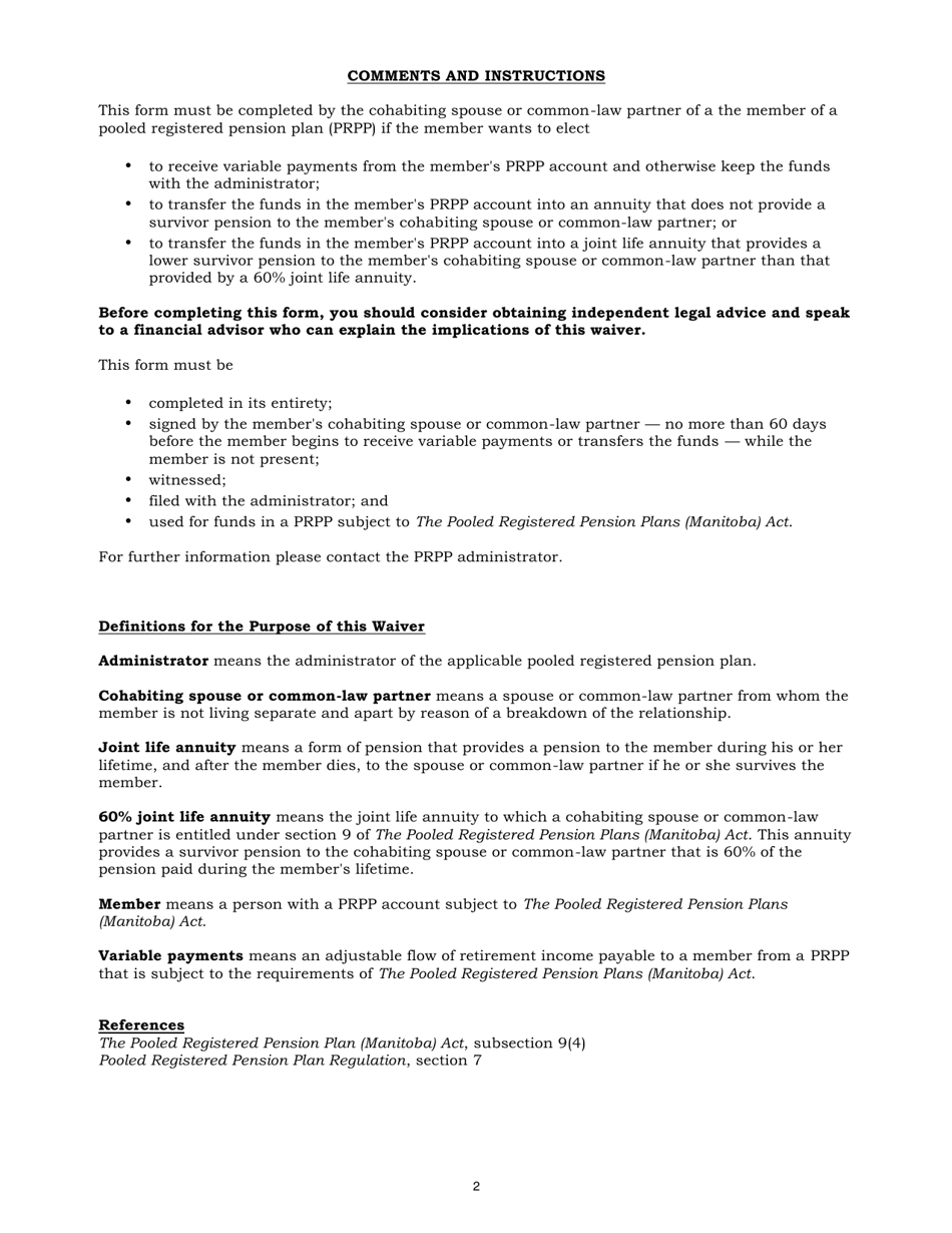 Schedule A Waiver of 60% Joint Life Annuity Entitlement Under the Pooled Registered Pension Plans (Manitoba) Act - Manitoba, Canada, Page 2