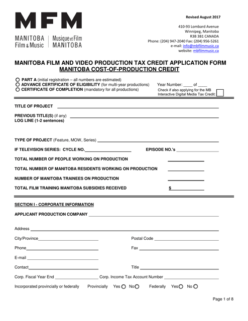 Manitoba Film and Video Production Tax Credit Application Form - Cost-Of-Production Credit - Manitoba, Canada