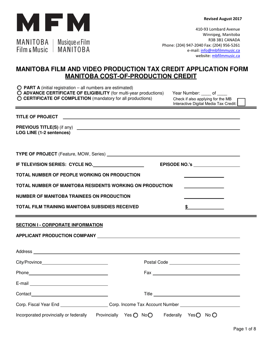 Manitoba Film and Video Production Tax Credit Application Form - Cost-Of-Production Credit - Manitoba, Canada, Page 1