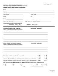 Manitoba Film and Video Production Tax Credit Application Form - Cost-Of-Production Credit - Manitoba, Canada, Page 2