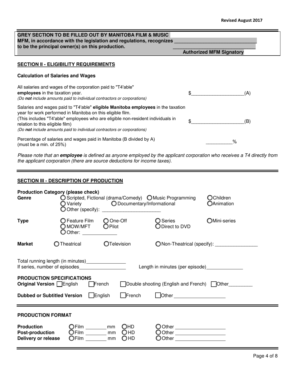 Manitoba Film and Video Production Tax Credit Application Form - Cost-Of-Production Credit - Manitoba, Canada, Page 4