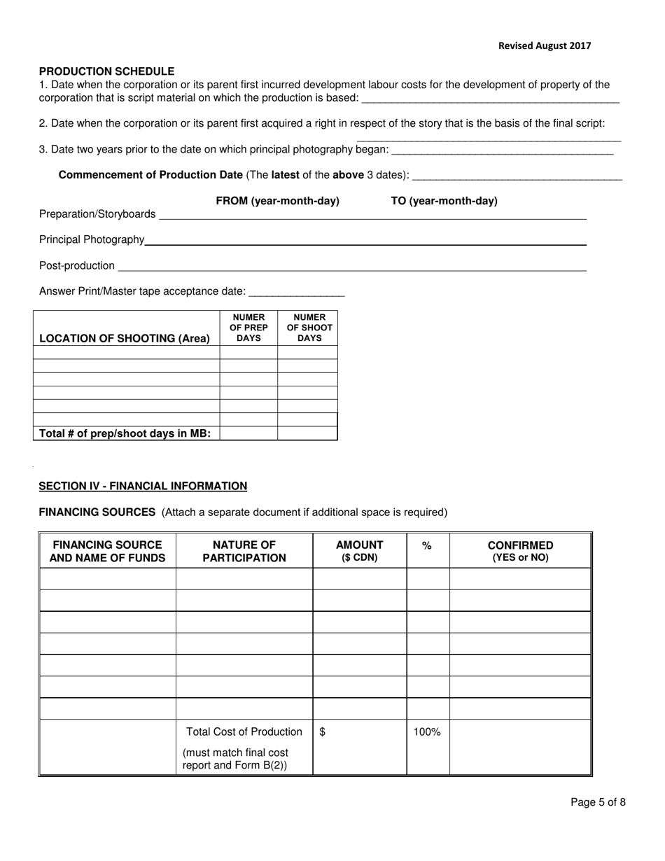 Manitoba Film and Video Production Tax Credit Application Form - Cost-Of-Production Credit - Manitoba, Canada, Page 5