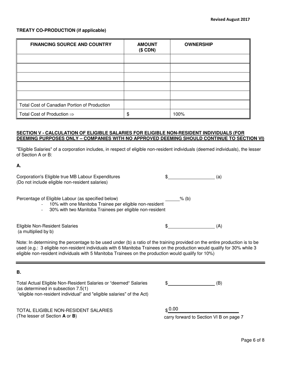 Manitoba Film and Video Production Tax Credit Application Form - Cost-Of-Production Credit - Manitoba, Canada, Page 6
