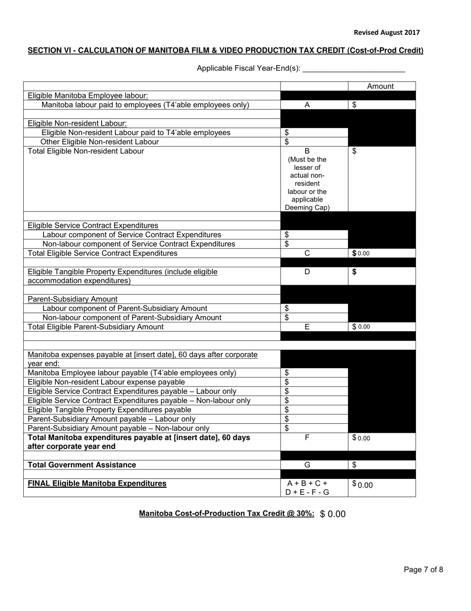 Manitoba Film and Video Production Tax Credit Application Form - Cost-Of-Production Credit - Manitoba, Canada, Page 7