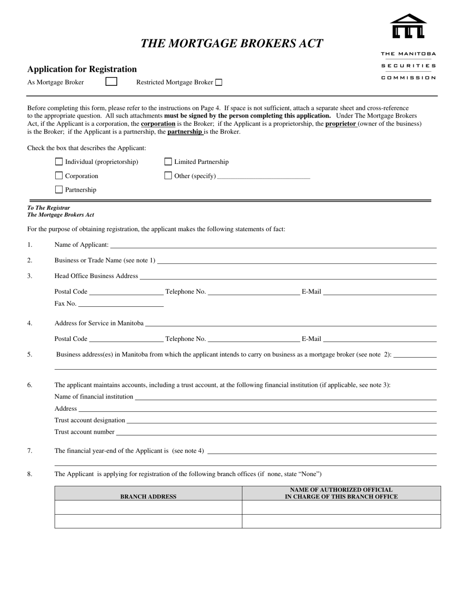 Application for Registration as Mortgage Broker or Restricted Mortgage Broker - Manitoba, Canada, Page 1