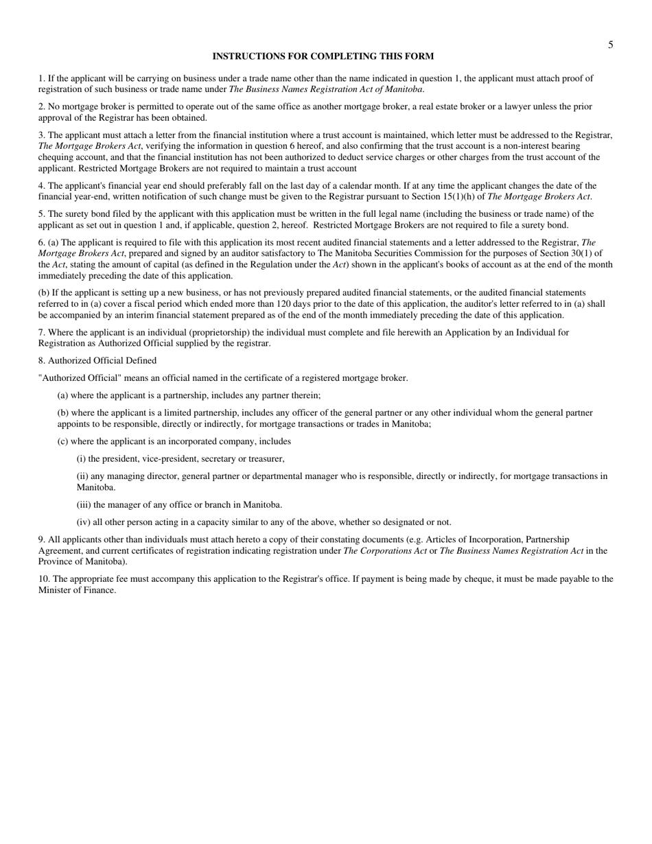 Application for Registration as Mortgage Broker or Restricted Mortgage Broker - Manitoba, Canada, Page 5