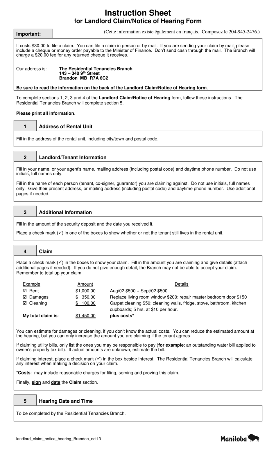 Landlord Claim / Notice of Hearing Form - Brandon - Manitoba, Canada, Page 1