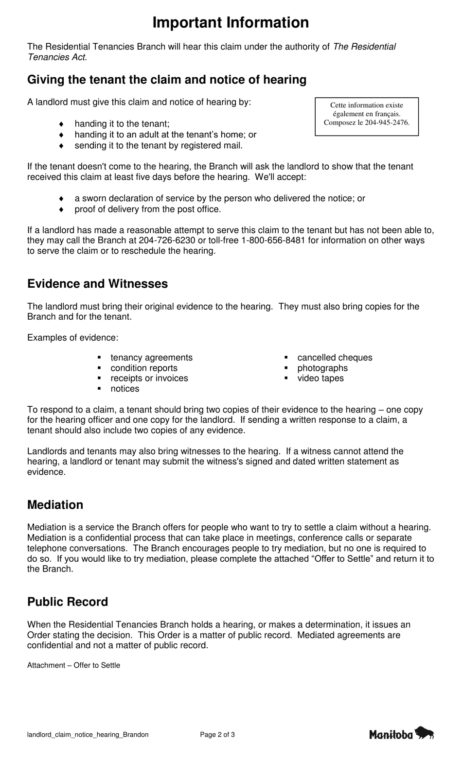 Landlord Claim / Notice of Hearing Form - Brandon - Manitoba, Canada, Page 3