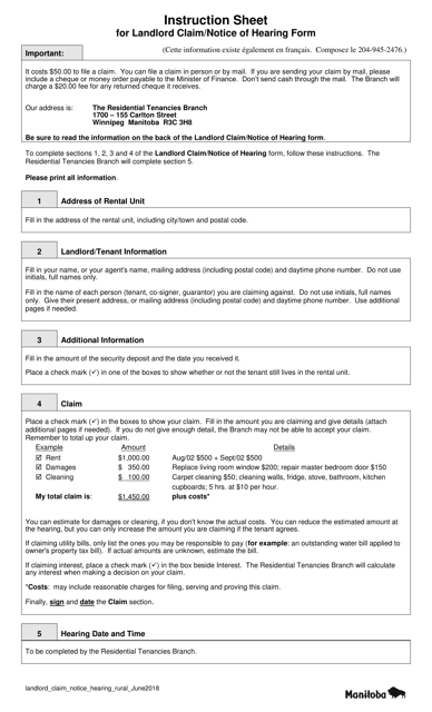 Landlord Claim / Notice of Hearing Form - Winnipeg - Manitoba, Canada Download Pdf